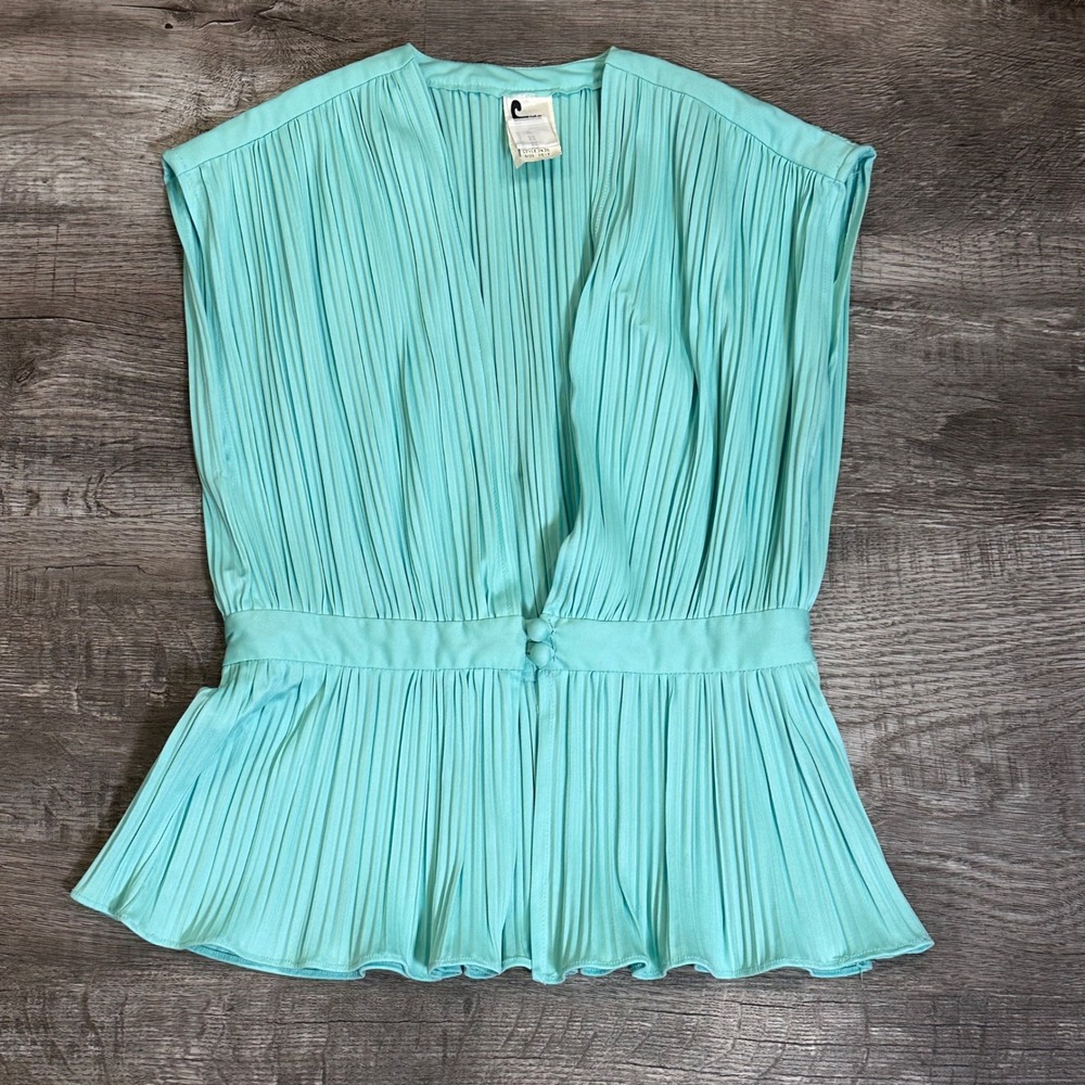 Vintage Jody of California Aqua Mint Pleated Peplum V-Neck Sleeveless Top Sz 10T